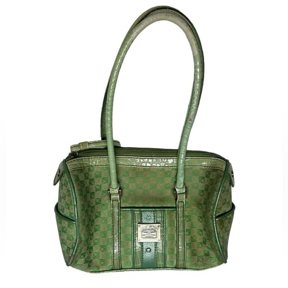 Vintage 80’s Liz Claiborne Small Green Purse Shoulder Handbag Monogram Print - Picture 1 of 15